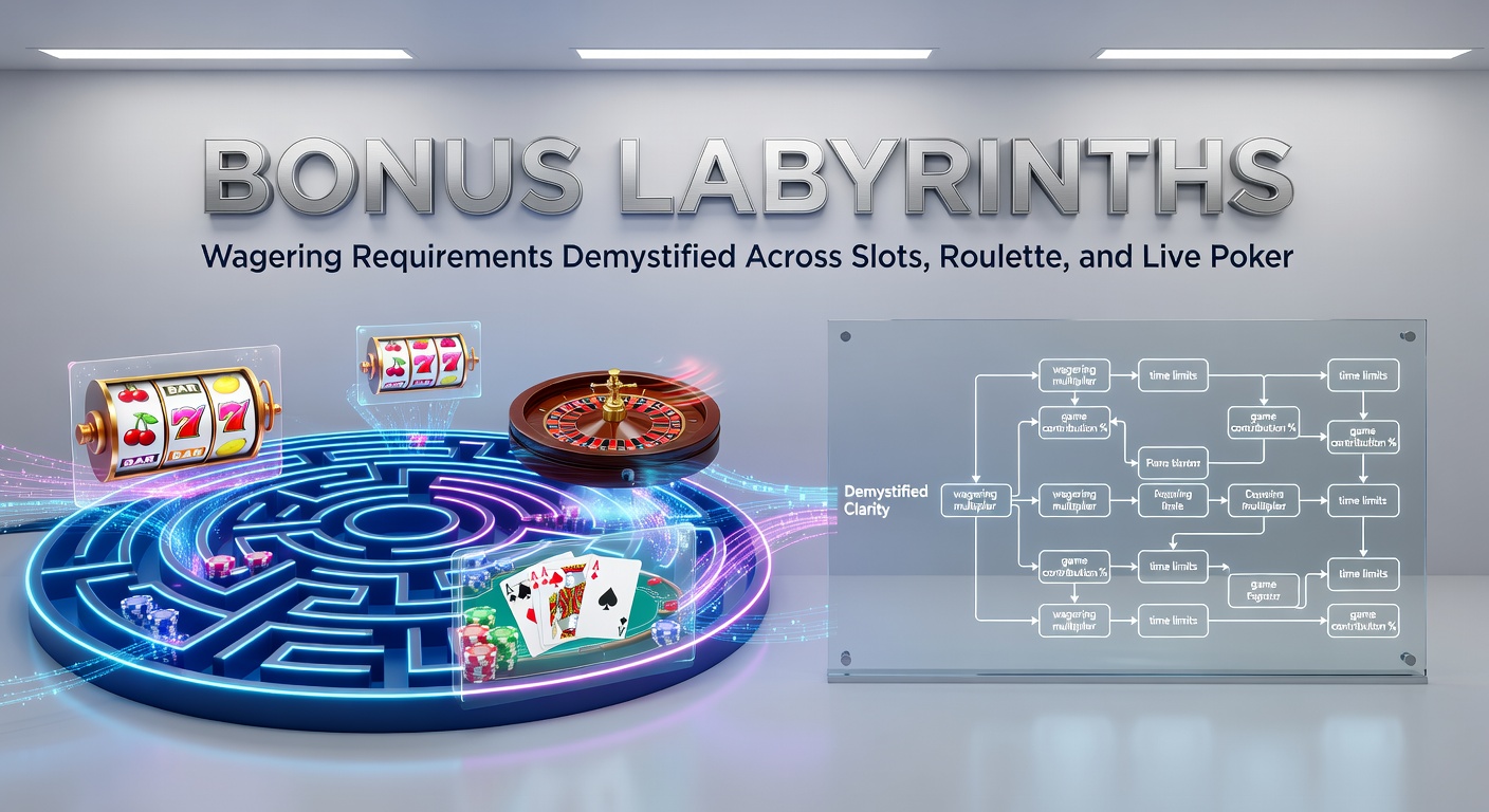 Grafik mit verschlungenen Pfaden, die Wager-Anforderungen bei Casino-Boni symbolisieren, inklusive Slots, Roulette und Poker-Tischen