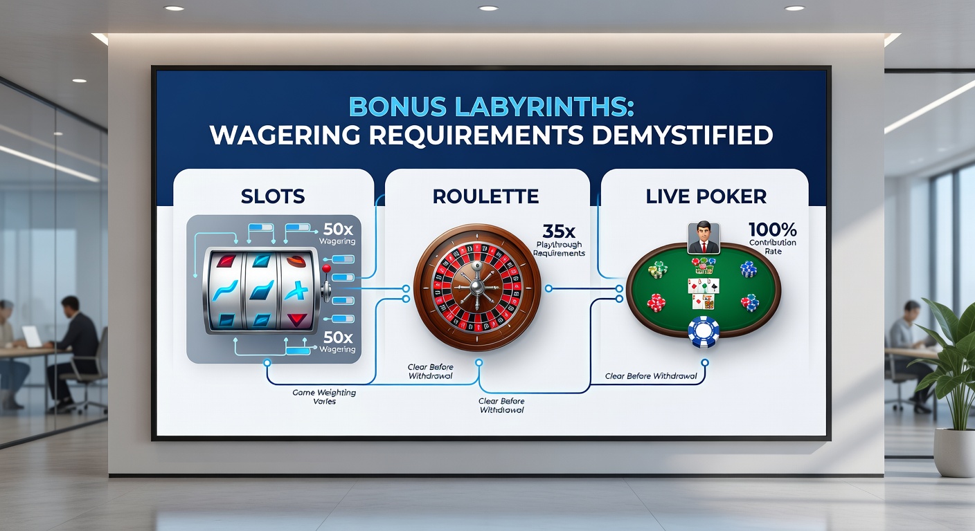 Vergleichstabelle mit Wager-Beiträgen für Slots (100%), Roulette (10-20%) und Live-Poker (variabel), umgeben von Casino-Elementen wie Karten und Rädern