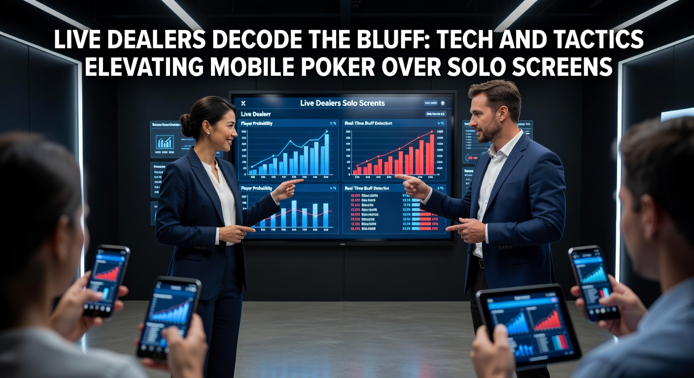 Live Dealer am Poker-Tisch mit Spielern auf mobilen Geräten, die Karten analysieren und Bluffs entlarven