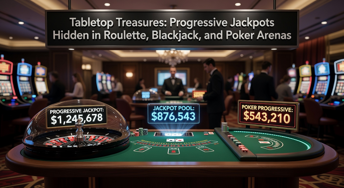 Leuchtende Tischspiele mit aufsteigenden Jackpot-Zählern im Casino-Hintergrund, die progressive Preise in Roulette, Blackjack und Poker symbolisieren