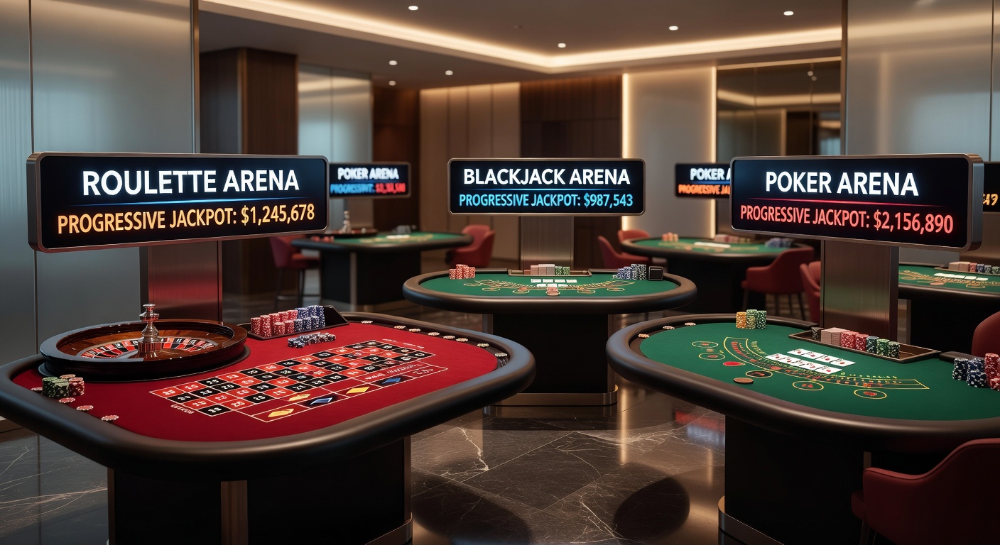 Detaillierte Darstellung eines Blackjack-Tisches mit progressivem Jackpot-Indikator und aufgestapelten Chips, die den wachsenden Preis illustrieren